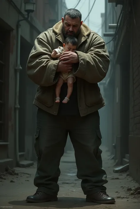 The tall man picked up the little child