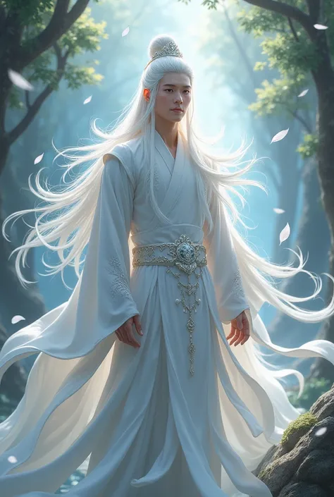 A boy with white long hair and wearing ancient china white costume. He is in a fantasy world with beautiful magics. He has eyes like diamonds and he is tall like normal man. He has a fair skin and he is very beautiful. He is a royal prince and love to the ...