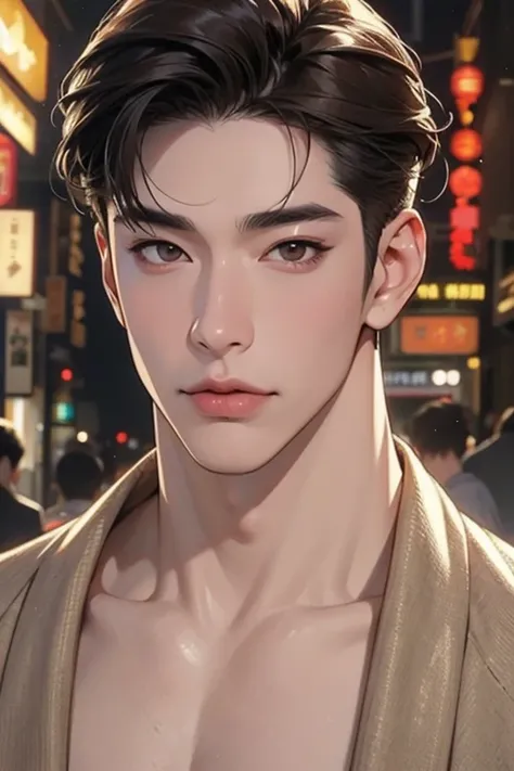 masterpieces,High quality. Realism, 8K full body portrait, aTall very muscular buffed stackd Japanese handsome guy, A 2 man, charming expression, Detailed Japanese facial details, Tokyo eight cities, Winters, Shibuya background with rounder rounded almond ...