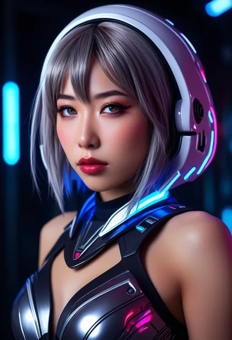 a cute yuna, sexy cylon raider cosplay, detailed face and eyes, long eyelashes, beautiful detailed lips, extremely detailed features, space ship setting, cyberpunk, futuristic, cinematic lighting, neon lights, glowing, dramatic colors, (best quality,8k,hig...