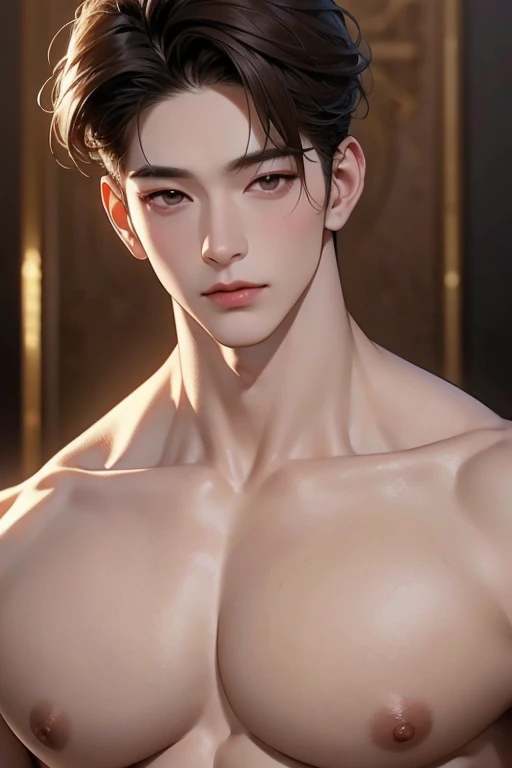 masterpieces,High quality. Realism, 8K full body portrait, aTallmuscular buffed stackd very Korean Korean like handsome guy, A 2 man, charming expression, Detailed Korean facial details, with rounder rounded almond shaped dark Hazel colored monolid eyes da...