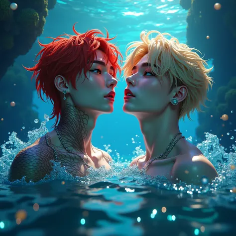 Yang Jeongin and Hyunjin, members of Stray Kids. A red-haired boy and a blonde boy, both with fish tails. Aquatic merman boys, beautiful detailed eyes, beautiful detailed lips, extremely detailed eyes and face, long eyelashes, intricate scales, water splas...