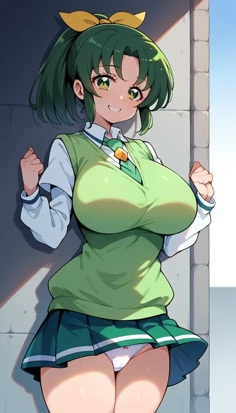 score_9, score_8_up, score_7_up, score_6_up, score_5_up, score_4_up,Nao Midorikawa, green hair, green eyes, ponytail, hair ribbon, nanairogaoka middle school uniform, green necktie, green sweater vest,panties,panty shot,standing,Huge breasts,short of a per...