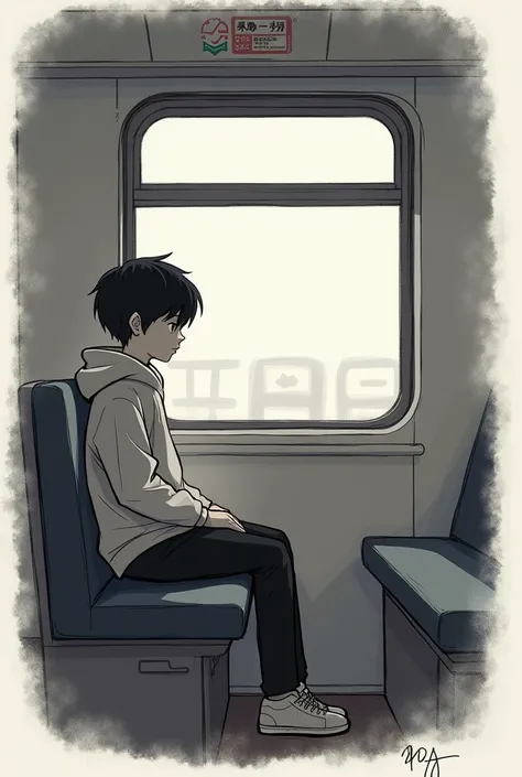 ### Descriptive Tags expressionless, black hair, casual clothing, hoodie, looking down, monochrome background, quiet atmosphere, sketch style, drawing ### Caption "boy, inside a train looking out,looking out the window,wearing a hoodie ,inside a train,no l...