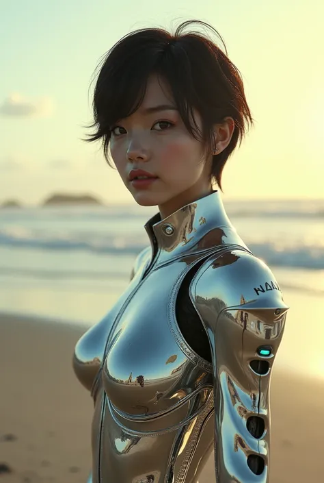 Cyborg girl in chrome silver seamless bodysuit、Smooth body of mercury、Liquid surface gloss、Metallic reflection、Actual item、Detailed skin、Dark brown very short hair、photograph、Immerse in a World of Dark Tones, Cinema Art Style,Cinematic Light,Lomography 、Ba...