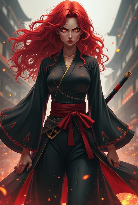  Capture my hero academia .
Long curly red hair girl with makima eyes wearing a samurai outfit Tall thin and angry 