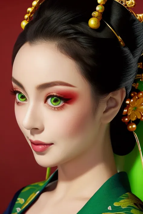 oiran、kimono、beautiful、beauty、green eyes、