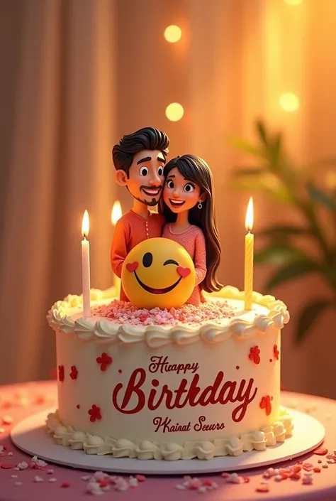 Birthday cake and smile emoji on it. And M  yasir soomro   and kainat soomro written on it with beautiful hand writing. And couples pose on it. 