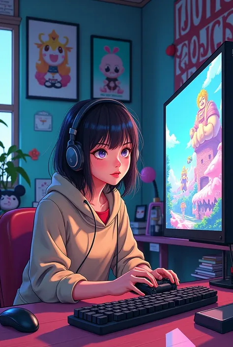 Young woman playing video game in her manga style apartment berserk
