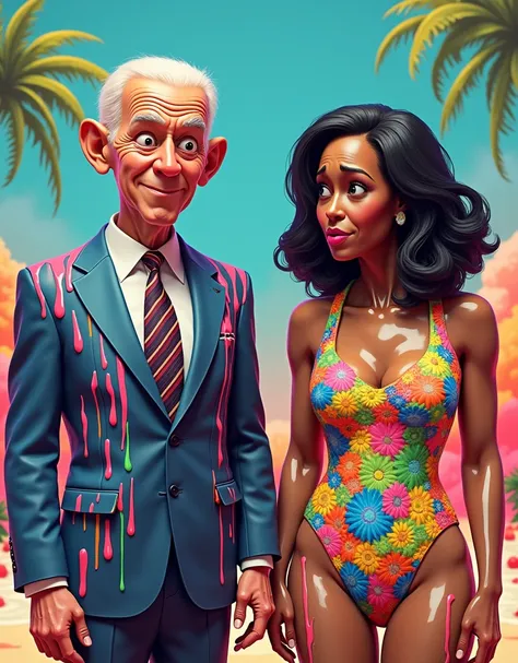 (Joe Biden and Kamala Harris wearing a slime bathing suit:1.25), multicolored, paintpop, cute face, perfect face, ashamed and embarrassed rtx on, ray tracing enabled, 3D render, octane render 10