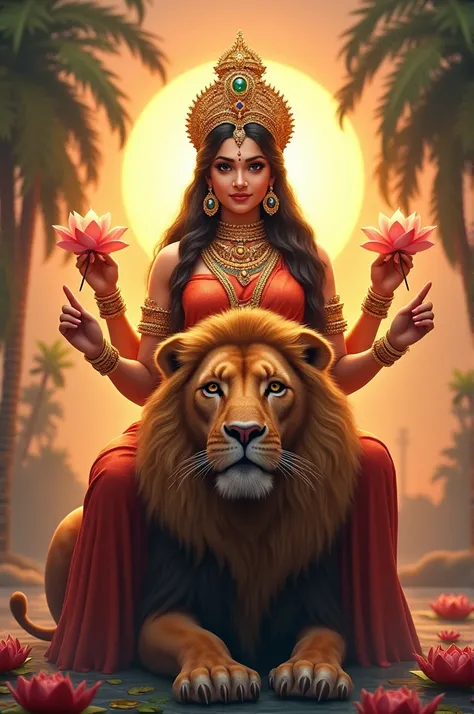 Create Realistic Image Lord Lakshmi is a lifelike, realistic artwork of Goddess Lakshmi seated on a lion. Goddess Lakshmi is adorned with elaborate jewelery and crown, with separate shining lotus flowers in each of her hands. Her eyes are clearly visible a...