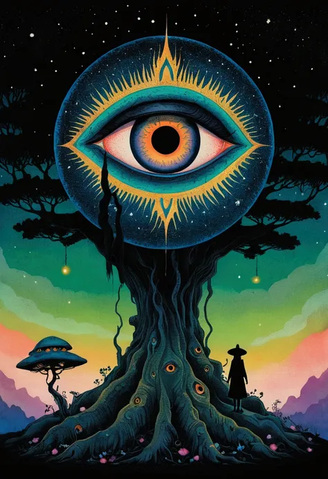 woman standing on a tree stump，illustration with a big eye next to it, giant eye magic spell, portrait of a mysterious giant eye...