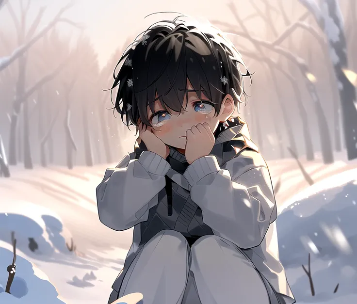 a boy sitting in the snow, tears falling down his face, snowflakes falling around him, detailed face, emotional expression, mute...