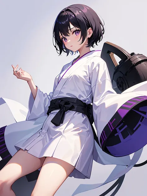 Create an image of a character a petite girl with short black hair, wearing a white yukata. The character must be centered in the image, on a solid purple color background. There should be no other elements in the background, only the character highlighted...