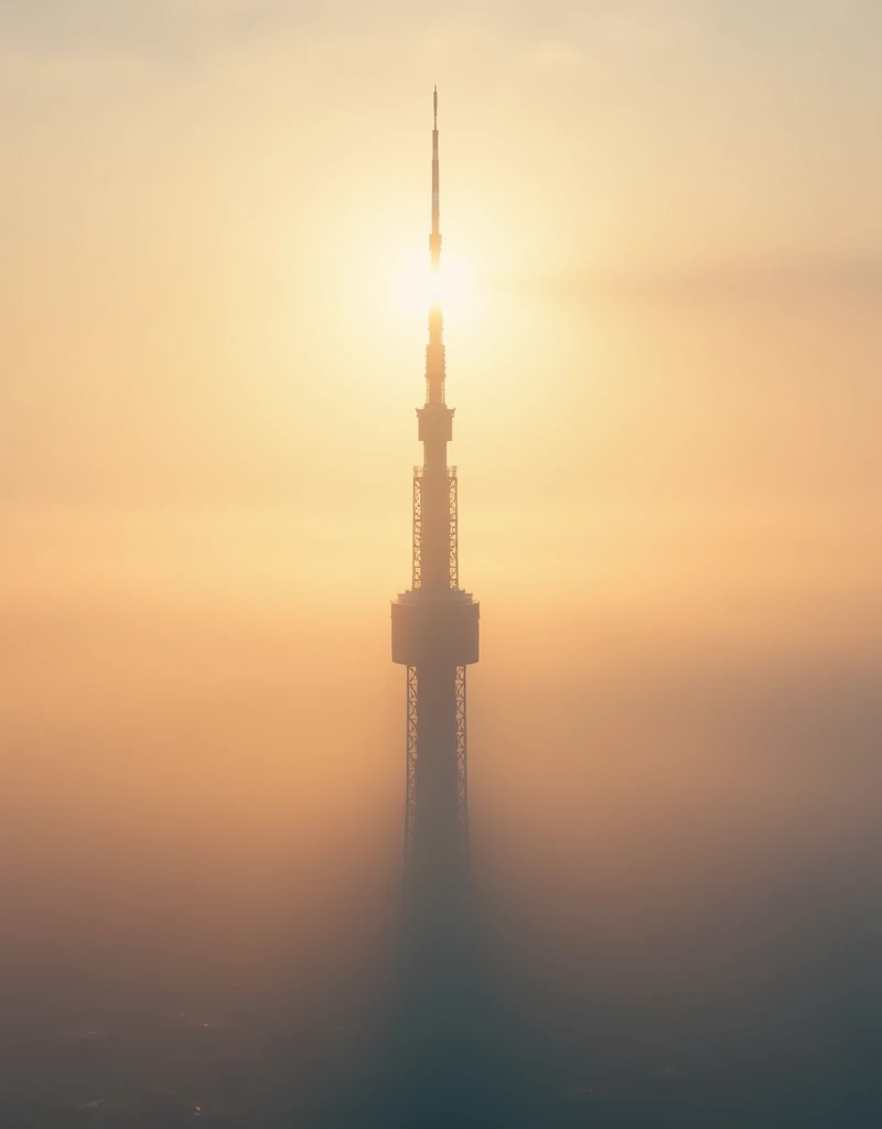 A misty sunrise casting a golden glow on Tokyo Skytree. The tower stands tall and majestic against the soft, ethereal sky. Rays of sunlight pierce through the fog, creating a dreamlike atmosphere