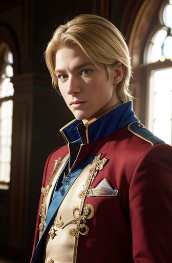 Inside the Western Castle,Teenage blonde,Blue Eyes,Looking into the distance,A bold and handsome face,The Crimson Prince&#39;s costume studded with jewels,White tights on the lower half of the body,The huge penis seems cramped