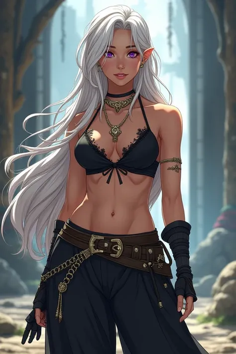 Anime half elf with braided long white hair, purple eyes, tan skin, wearing a black bra and pirate pants in a fighter stance