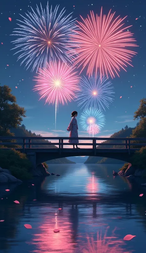 Summer night sky, on a bridge, a girl in a yukata, waiting for someone, illuminated by beautiful fireworks , Ghibli style