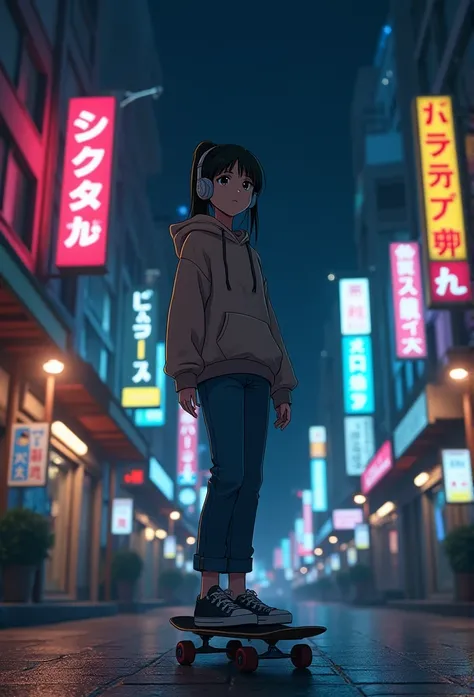 Skater Girl listening to music on the street of Tokyo  at night, Using headphones, 2D style anime, Lo-fi, hard disk, Dark environment