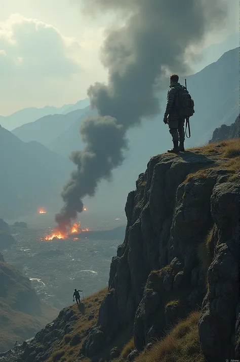 Create a dramatic battlefield scene where a lone soldier stands on a rugged mountain overlooking a war-torn landscape. The ground below is strewn with the remnants of conflict, including fallen soldiers and scattered debris. Thick, dark smoke billows from ...