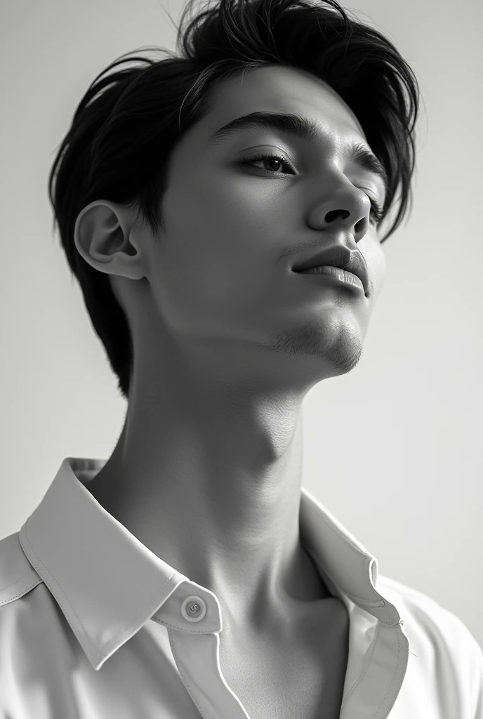 Aesthetic male neck , only neck pic, 4k, b&w, male neck , aesthetic hair, ultra realistic , front , only neck , chest , button on, white shirt, not face, hidden face , age 16