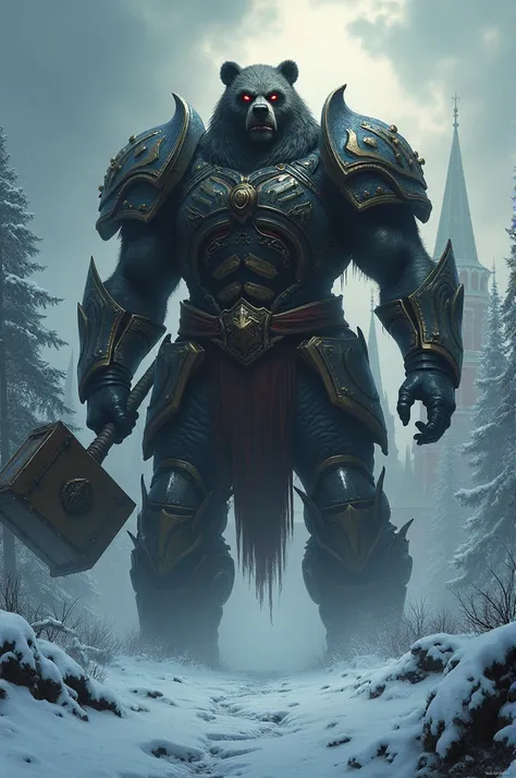 "Create a supervillain inspired by Russian folklore. The character is a towering, armored figure with a bear-like face and glowing red eyes, holding a massive war hammer. The scene is set in a snowy forest with a distant view of the Kremlin under a dark, o...