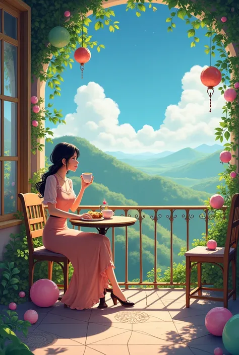 masterpiece, Highest quality, High resolution, Every detail、anime、Fantasy、A scene from the cafe、There are lots of spherical slimes、Woman drinking coffee、sandwich、Terrace seats、