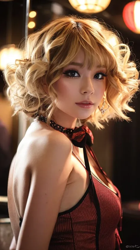 woman,japanese,cabaret club,blonde,brown hair,curly hair