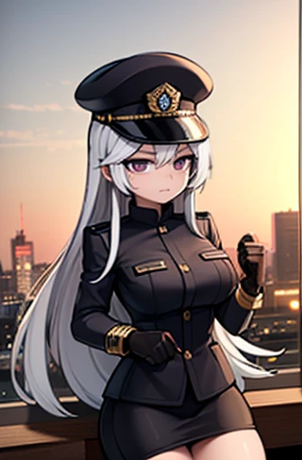 {{masterpiece, Highest quality, Highly detailed CG, Unity 8k}}, City background　Silver Hair　long hair　Police uniform　　Black tight skirt　Police officers hat　half gloves　Beautiful woman