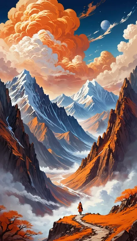 Angelic existence，No human emotions, Cosmic, myth, In the image background, Tianshan Mountain Scenery, Orange Cloud. The style of the image should be comic book style, Use strong and bold strokes, 以及人物的myth和天使色彩  