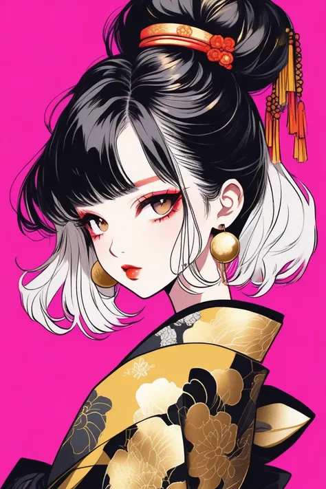 (Highest quality, sketch:1.2),Realistic,Illustrator,anime,1 girl, Detailed lips, kimono,custom, Black and gold gradient background,Neon Hair,Texture Cropping, masterpiece, Style: Retro Classic, Black Style 