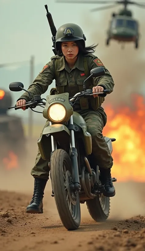 (documentary photo:1.3), realistic, dramatic scene, very beautiful Japanese army soldier girl, very beautiful face, she is so beautiful like an idol, cute face girl, Riding acrobatically on a military off-road motorcycle in high speed on the rough road, (a...