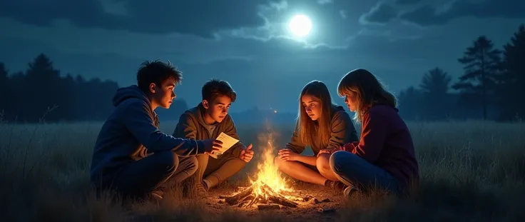 Four friends (two boys and two girls) sit around a campfire at night in an open field, discussing their plan to enter the haunted school. They look determined, yet slightly anxious. One of them holds a flashlight and a map. The moon shines brightly in the ...