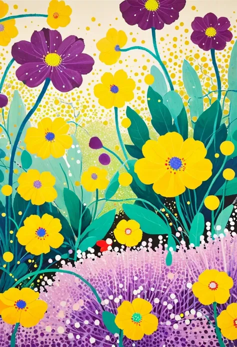 a painting，inspired by yayoi kusama：((（dichondra micrantha urban）)), bright colors, purple和, cute的, bright colors，cute, lavender...