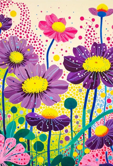 a painting，inspired by yayoi kusama：((（dichondra micrantha urban）)), bright colors, purple和, cute的, bright colors，cute, lavender...