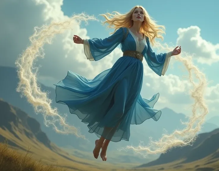 (photorealism:1.2), Medieval blonde lady with blue clothes, in the air with two whirlwinds under the feet