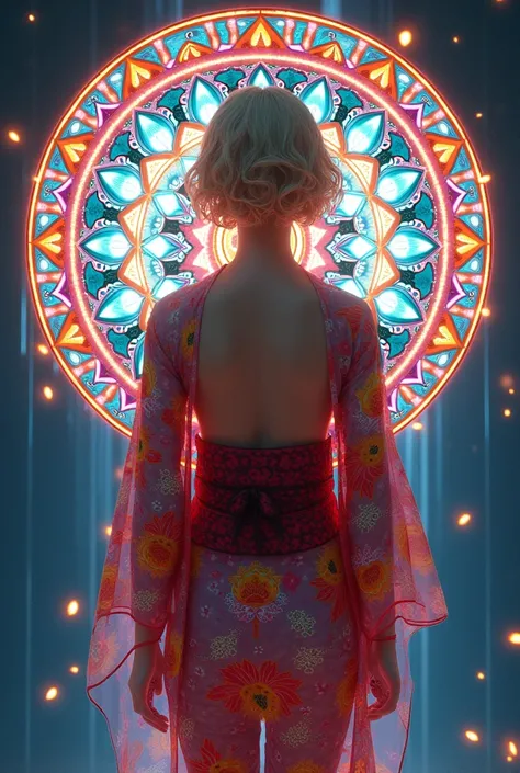 (masterpiece, Highest quality), 8k,(((Very detailed))), Race:1.8,Super intricate Race pattern,colorful Race pattern,Stained glass background transparent body, Mandala,light up,cold, 1 female,Open Back,(curl,blonde),kimono