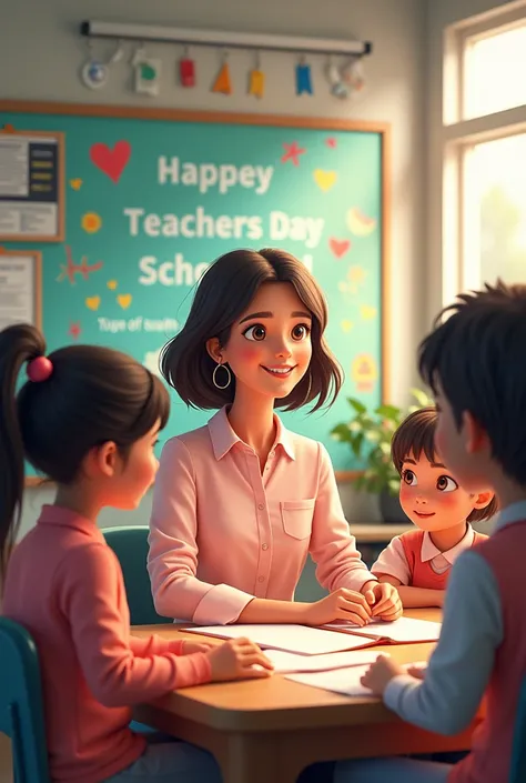 Write  teachers day wishing on poster with school name: "little flower school". 

A teacher is sitting and student listings to her. 