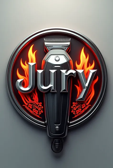 Create a 3D barber shop logo featuring the name Jury in metallic font at the center. Surrounding the name is a circular metal chrome frame. Around the chrome circle, add stylized flames, creating a dynamic and bold effect. Below the name, place a mens hair...