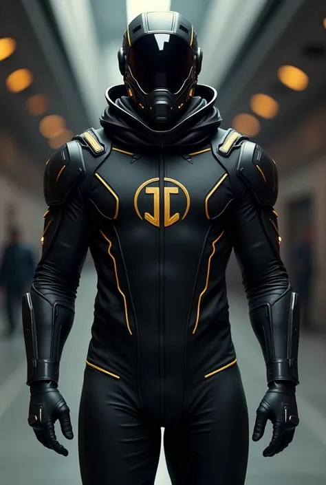 a man wearing shut having space theam and a golden logo on it full body black colour shut with a cool looking mask