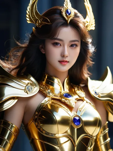 beautiful korean woman, (((mikamaria))), wearing shining golden armor，expose the waistline，cool pose， saint seiya armorhigh deta...