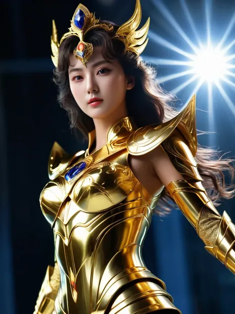 beautiful Korean woman, (((Mikamaria))), Wearing shining golden armor，Expose the waistline，cool pose， Saint Seiya ArmorHigh Detail, anime style, Movie Lighting, spark, Divine Light, Ray Tracing, Film Grain, Ultra HD, textured skin, Super Detail, anatomical...