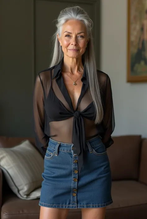 old great grandmother with long straight hair and a ponytail.
She is wearing a transparent blouse without a bra., une jupe en jean avec boutons devant et cuissardes à talons hauts en cuir noir.
Elle est debout et les mains dans le dos dans le salon.
Photo ...