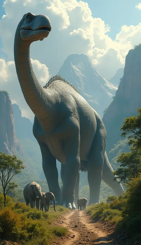 A cinematic image of a giant Argentinosaurus with small elephants