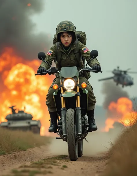 (documentary photo:1.3), realistic, dramatic scene, very beautiful Japanese army soldier girl, very beautiful face, she is so beautiful like an idol, cute face girl, Riding acrobatically on a military off-road motorcycle in high speed on the rough road, (a...