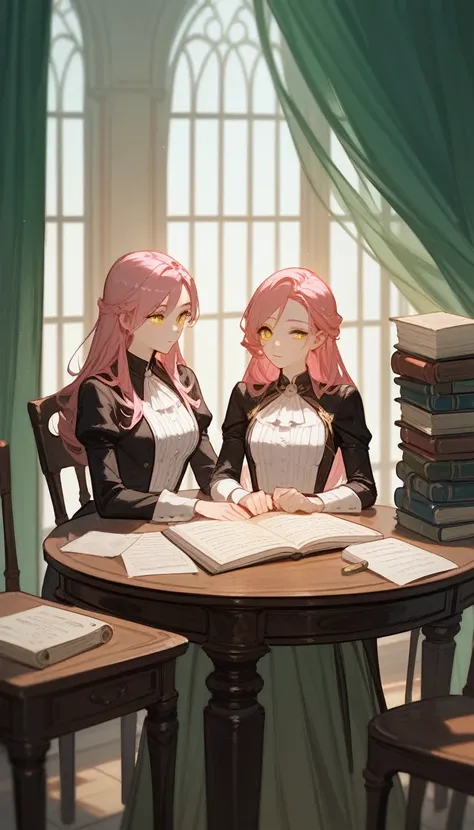 ((4K、​masterpiece、top-quality))、2 woman look straight, a beautiful twin that look exactly look the same, long pink hair, yellow eyes, the first one sit on the classy wooden chair holding a very long paper scroll, the other one reading a book with one hand ...