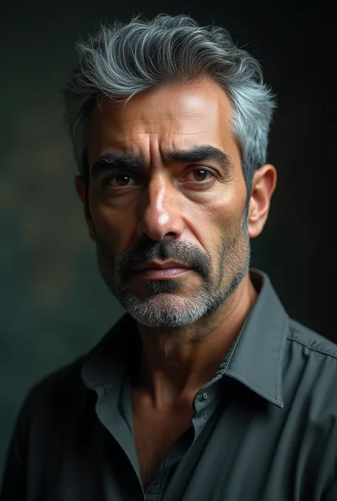 a square size photo realistic portrait of a 30-year-old Iranian male university professor, extremely detailed face, piercing eyes, pronounced features, strong jawline, salt and pepper hair, serious expression, wearing a collared shirt, indoor studio lighti...