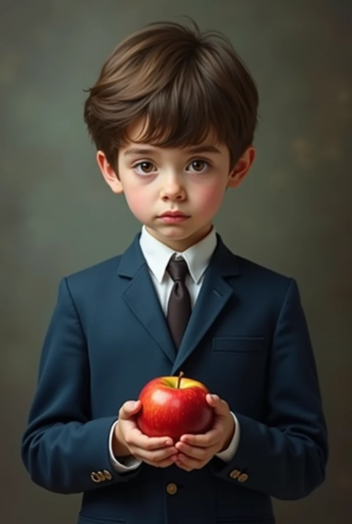 A seven year old boy , very beautiful, White skin, fine features, light brown eyes, Light brown hair, slanted eyes, Serious look sad look, beautiful look, very formal dressed blue suit in living room holding apple 