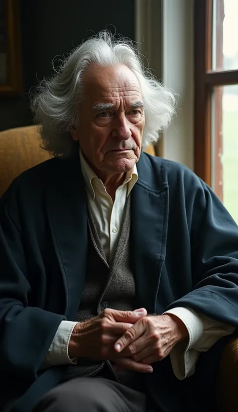 An older Newton, with a pale complexion and a contemplative expression, seated by a window with soft light streaming in. His face is lined with age, and his hair is completely gray, showing signs of thinning. He wears a dark, slightly tattered academic rob...