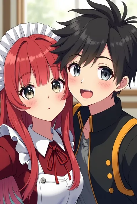 Anime cute Pair red long hair and The bangs are flat and even girl grey eyes white red maid, A cute Korean boy black hair grey eyes, black jacket, yellow accessories, selfie 
